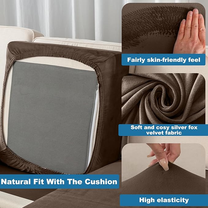 Couch Cover Stretch Velvet Sofa Cushion Cover 3-Piece - Elastic Washable Slipcover for Seat or Backrest, Couch Seat Covers for Sofas (Coffee)