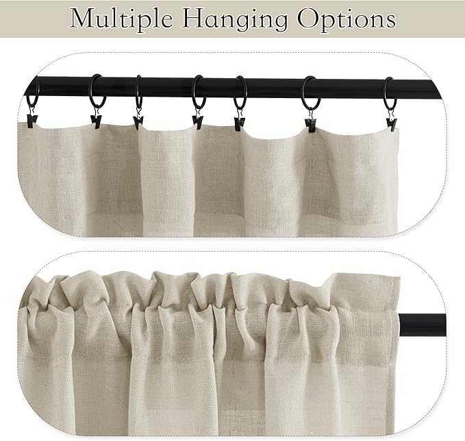 RYB HOME Sheer Valances Window Topper Curtains Linen Textured Sheer Curtains Short Drapes Small Window Decor for Bedroom Kitchen Cabinet, Angora, 52 inch Width x 18 inch Length, 2 Panels