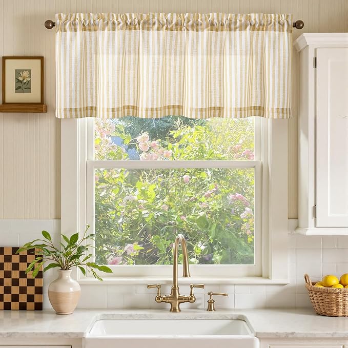 jinchan Linen Stripe Valance for Window 16 Inch Modern Rustic Farmhouse Valance for Kitchen Living Room Bathroom Window Treatment Light Filtering Rod Pocket 1 Panel Mustard Yellow on Linen