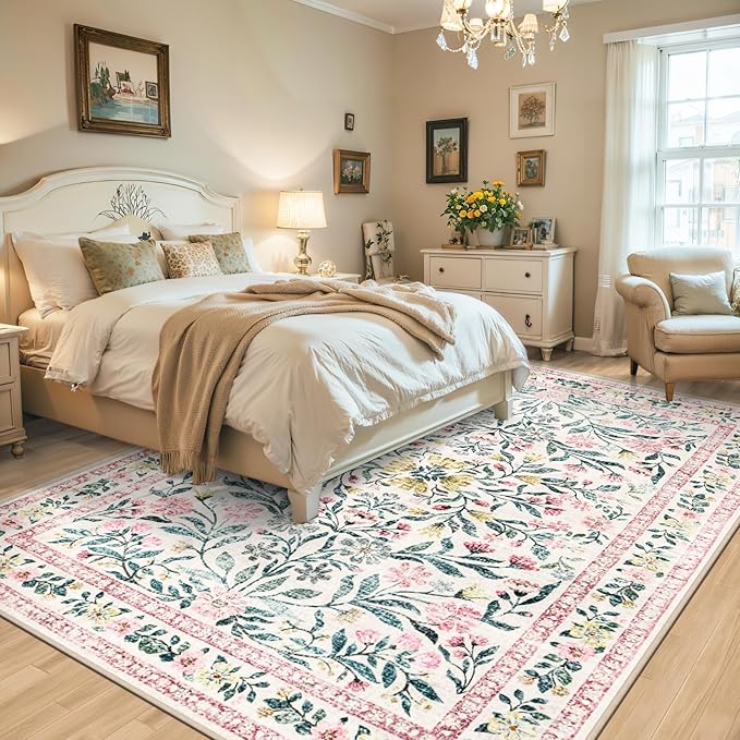 Area Rug Living Room Rugs: Floral 5x7 Washable Rug Vintage Soft Boho Non-Slip Carpet Indoor Stain Resistant Large Carpets for Bedroom Dining Room Farmhouse Nursery Hallway Home Office Pink Green
