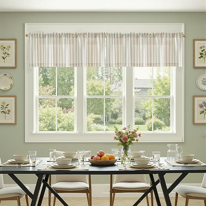 jinchan Striped Valance Farmhouse Window Treatment Linen- Polyester Textured Drapes for Small Windows Kitchen Living Room RV Vintage Light Filtering Valance 16 Inch Rod Pocket 1 Panel Green on Beige