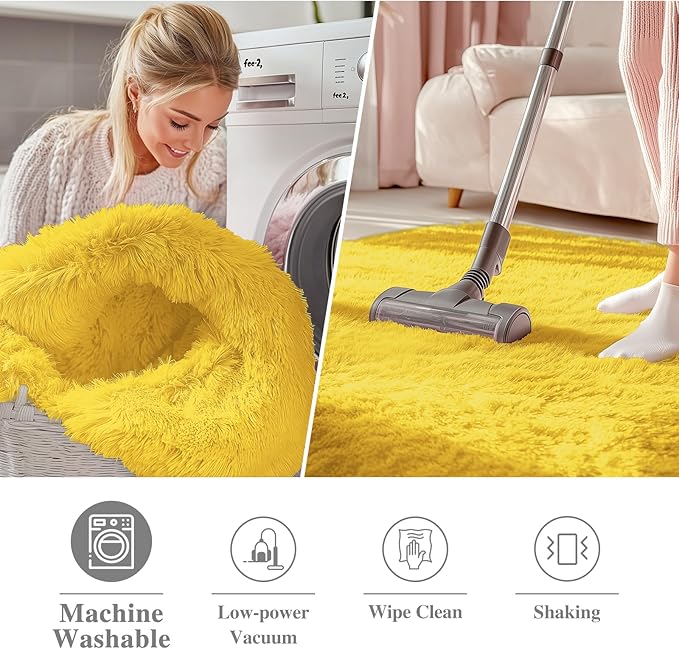 OLANLY Yellow Round Rugs for Bedroom - Machine Washable, 2 ft Circle Area Rugs for Living Room, Soft and Fluffy Shaggy Carpet for Teen Girl and Boys, Nursery Rooms, Dorms, Home Decor Aesthetic