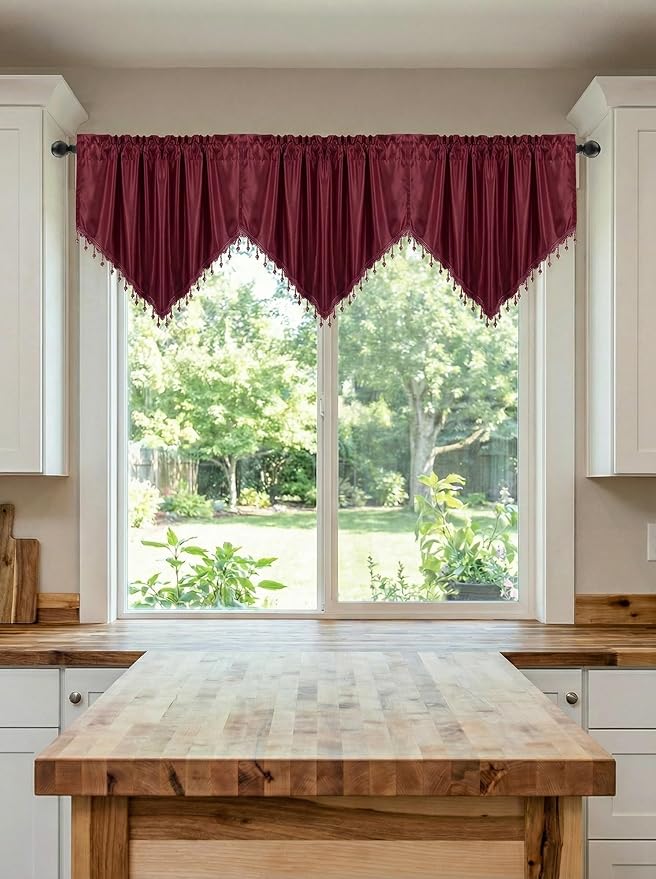 Molaxhome Swag Curtain 51 inch Length Rod Pocket Scalloped Curtain Valance Sheer Lace Panels with Hanging Crystal Beads for Kitchen Bedroom Window Treatments Drape Decor 1pc (Cloth Red, 51Wx23L)