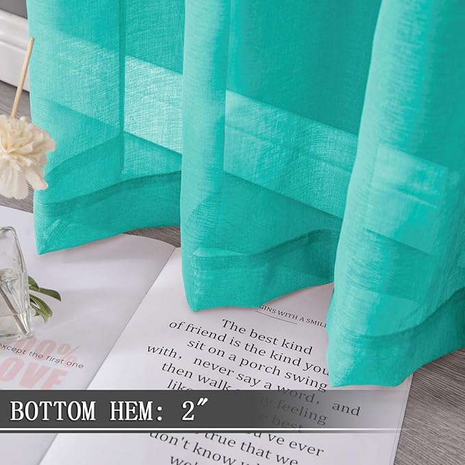 Tollpiz Sheer Curtains Bedroom Linen Textured Curtain Sheers Light Filtering Voile Rod Pocket Curtains for Living Room, 38 x 84 inches Long, Aqua Blue, Set of 2 Panels