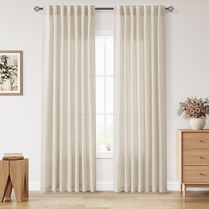 Nanspring Birch Beige Linen Curtains 84 Inches Long for Living Room Light Filtering Semi Sheer Curtain Back Tab Modern Farmhouse Decor Elegant Luxury Coastal Drapes for Bedroom Office 52x84,2 Panels