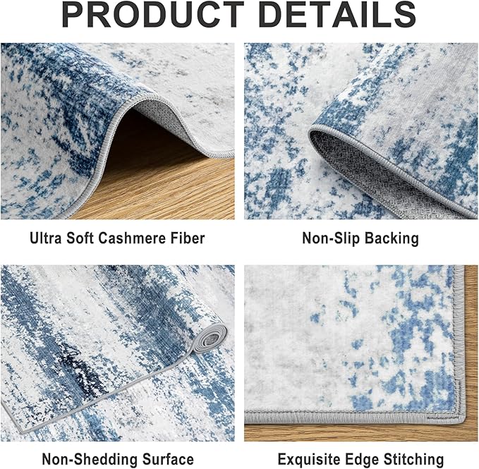 8x10 Area Rugs for Living Room - Washable Rug Modern Abstract Soft Large Neutral Non-Slip Carpet Indoor Floor Thin Carpets for Bedroom Dining Room Farmhouse Nursery Home Office White Blue Grey