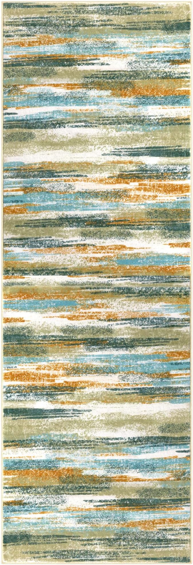 Lansny Modern Abstract Hallway Runner Rug, Green Mustard Multi Washable Kitchen Runner Non-Slip Soft 2x8 Runner Rug Thin Print Faux Wool Carpet for Entryway Bedroom Laundry Room Indoor Home Decor