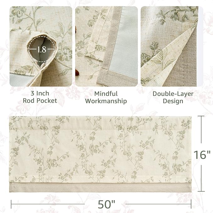 jinchan Linen Valance Curtains for Windows 16 Inch Christmas Decorations Floral Double Layer Kitchen Valance Living Room Darkening Cottagecore Farmhouse Flower Window Treatment 1 Panel Green on Linen