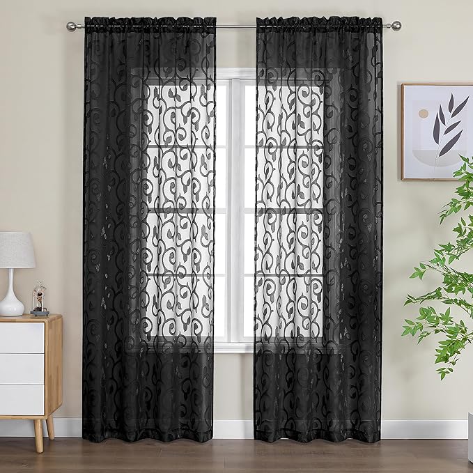 OWENIE Furman Extra Long Sheer Curtains 96 inches Long for Bedroom Living Room 2 Panels Set, Light Filtering Soft Solid Semi Sheer Farmhouse Curtains, Top Dual Rod Pocket Design, Black, 40Wx96L inch