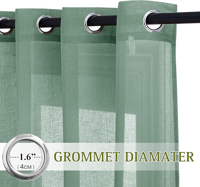 NICETOWN Linen Curtains Flax Sheer Texture for Living Room, Grommet Semi Sheer Vertical Drapes Privacy with Light Filter for Home Office/Farm House, W52 x L96, Olive Green, 1 Pair