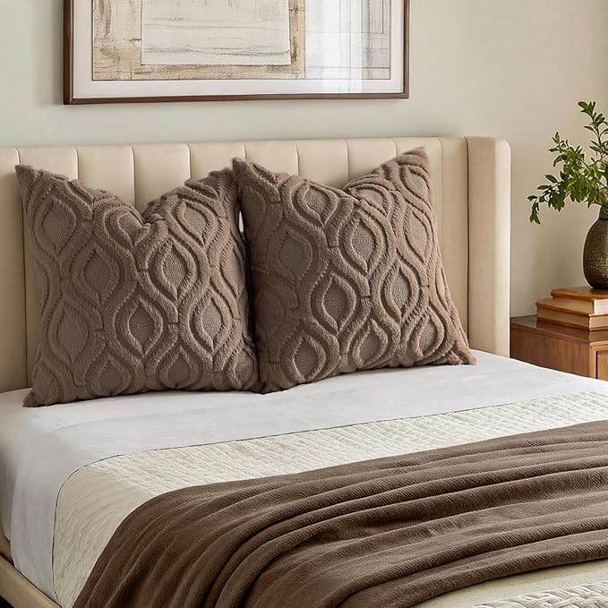 decorUhome Throw Pillow Covers 18x18 Inch Set of 2, Soft Plush Faux Wool Brown Solid Couch Pillow Covers, Accent Farmhouse Neutral Square Pillow Cases for Sofa Bed Living Room