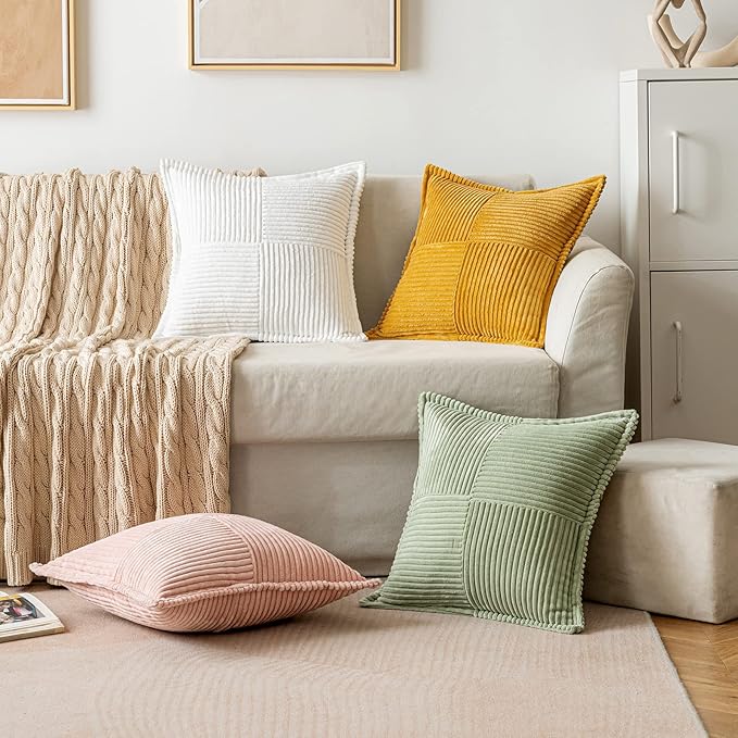 MIULEE Spring Decorative Throw Pillow Covers for Couch Bed Livingroom 20x20 Inch Set of 2 Sage Green Boho Accent Throw Pllows Broadside Striped Patchwork Soft Corduroy Pillowcases