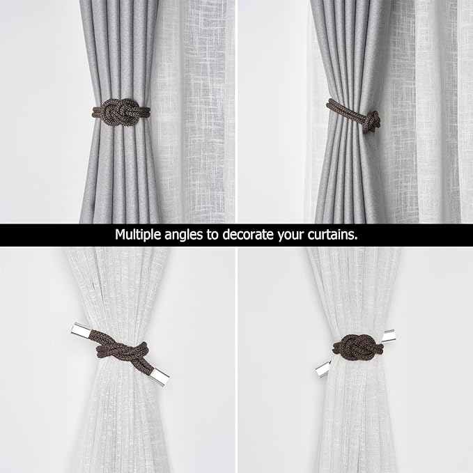 NICEEC 4 Pack Mini Magnetic Curtain Tiebacks Nordic Simple Style Drape Tie Backs Elegant Hand Weave Rope Knot Decorative Curtain Holdbacks for Home & Office Thin Window Drapery (Coffee)