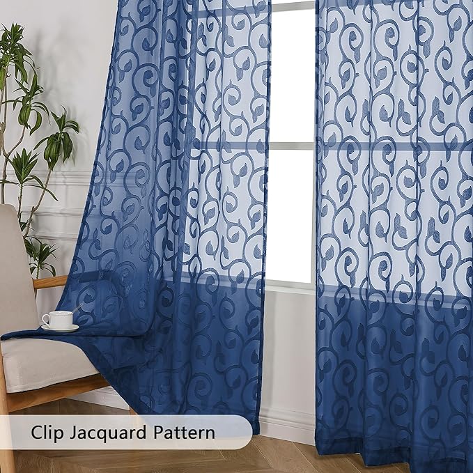 OWENIE Furman Blue Sheer Curtains 96 inches Long for Bedroom Living Room 2 Panels Set, Light Filtering Soft Semi Sheer Jacquard Clip Farmhouse Curtains Rod Pocket Design, 40Wx96L inch