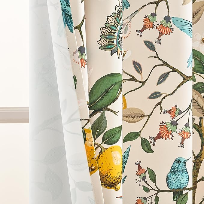 Topfinel Vintage Floral Curtains 72 Inches Long Boho French Country Grommet Botanical Hummingbird Woodland Patterned Lemon Drapes for Bedroom Dining Living Room