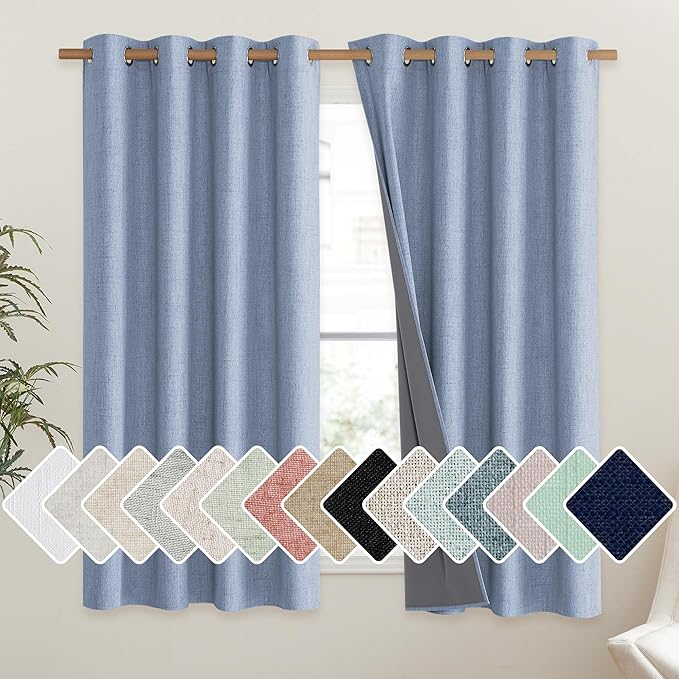 NICETOWN Stone Blue Vintage Linen 100% Blackout Curtains for Living Room, Thermal Insulated Curtains 48" Long, Noise Reducing Window Treatment Drapes for Hall Room, 52" Wide Per Panel, Set of 2
