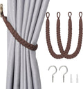 NICEEC 2 Pack Natural Cotton Rope Curtain Tiebacks Elegant Boho Style Decorative Drape Tie Backs Soft Hand-Woven Rope Curtain Holdbacks with Metal Hook for Home & Office Drapery (Coffee)