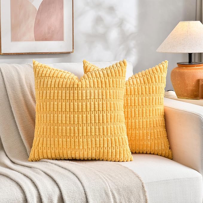 Fancy Homi Set of 4 Spring Boho Decorative Throw Pillow Covers 24x24 Inch for Couch Bed Sofa, Sage Green Yellow Room Decor, Soft Fuzzy Fluffy Cozy Corduroy Textured Cushion Case 60x60cm