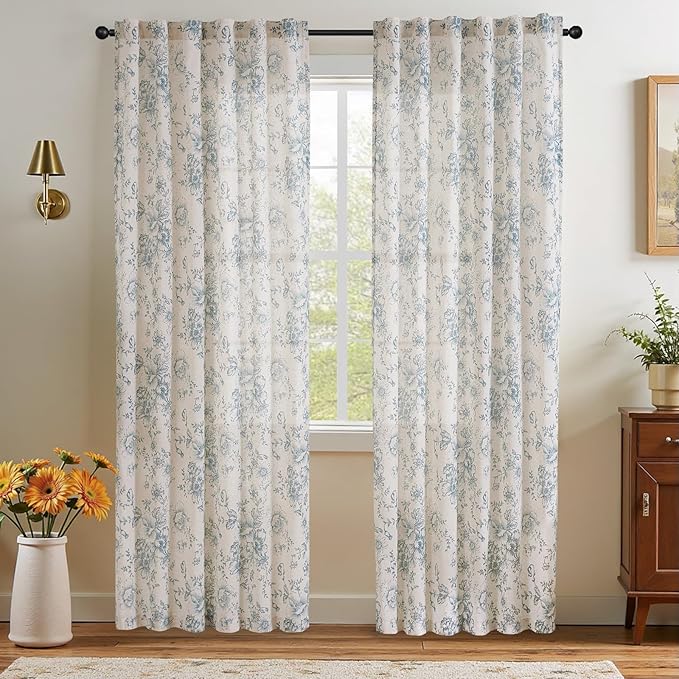 jinchan Linen Blend Curtain Floral Curtains for Living Room 84 Inch Length Blue Printed Curtain Rod Pocket Back Tab Farmhouse Peony Flower Patterned Drapes Bedroom Window Curtains Set 2 Panels