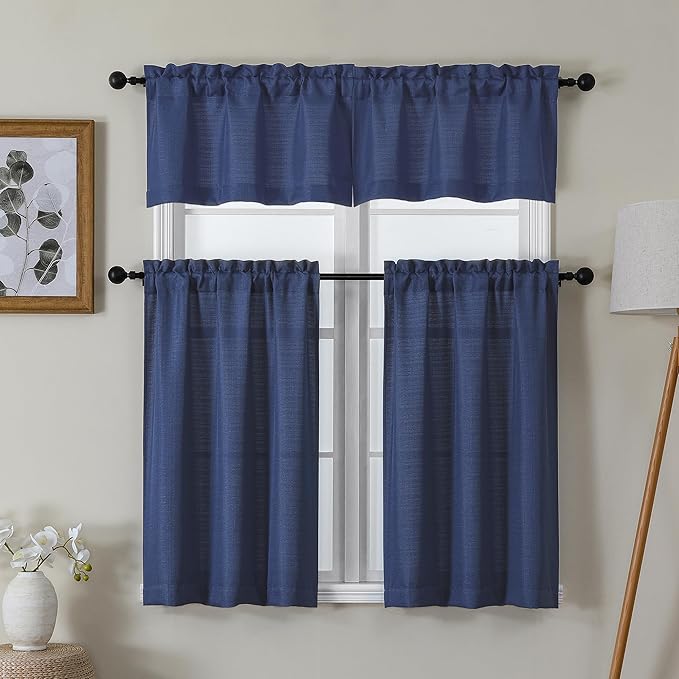 Chyhomenyc Blue Valance for Windows, Light Filtering Faux Linen Textured Small Kitchen Window Curtain, Rod Pocket Short Valance for Bathroom Laundry Basement, 60Wx14L inch, 1 Piece