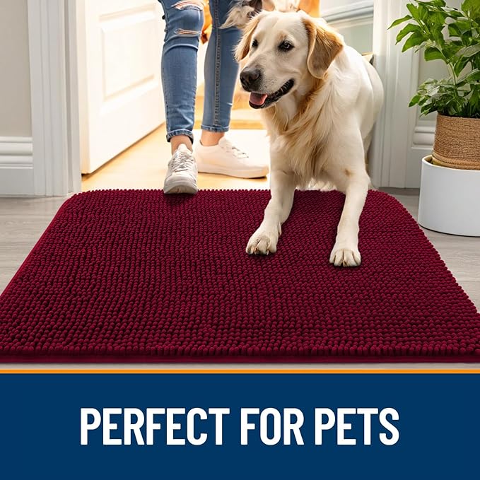 OLANLY Dog Door Mat for Muddy Paws 40x32, Absorbs Moisture and Dirt, Absorbent Non-Slip Washable Doormat, Quick Dry Chenille Mud Mat for Dogs, Entry Indoor Entryway Carpet for Inside Floor, Burgundy
