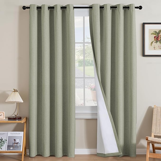 H.VERSAILTEX Linen Curtains 100% Blackout Curtains for Bedroom 84 inch Long Full Light Blocking Nature Linen Blended Window Curtains for Living Room Nickel Grommet (2 Panels, Heathered Tea)