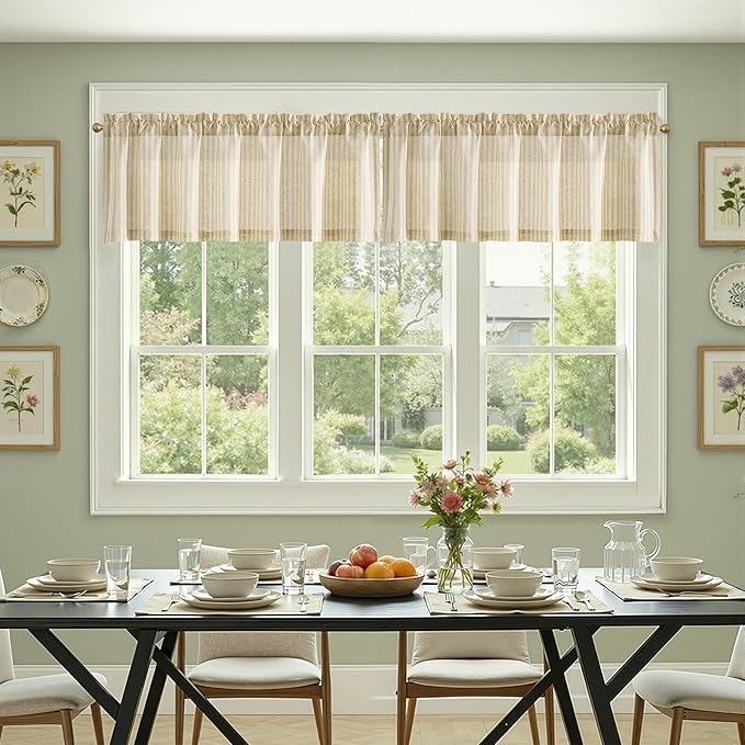 jinchan Valance Curtain Linen Textured Striped Window Curtain for Living Room Light Filtering Farmhouse Valance for Kitchen Rod Pocket 1 Panel 16 Inch Beige on Linen 1 Panel