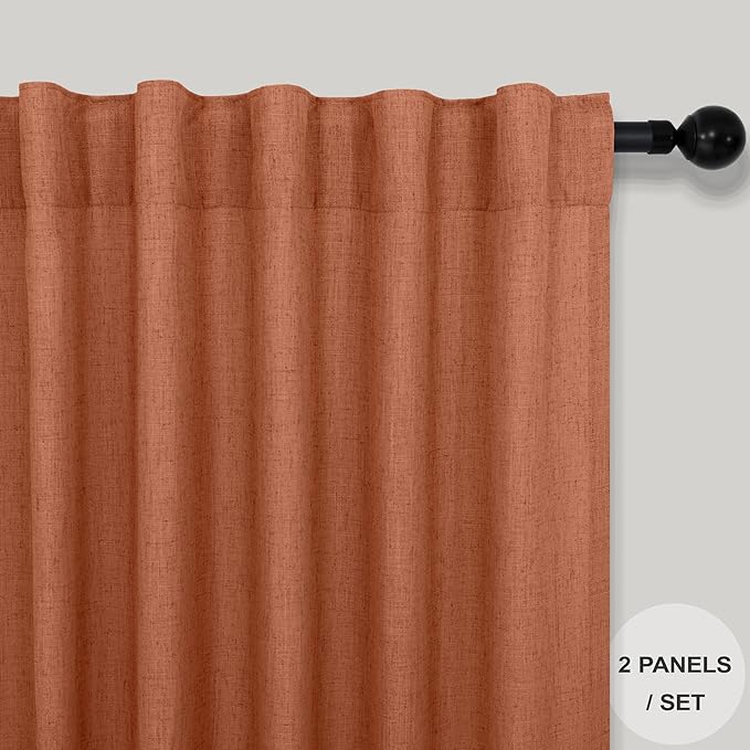 Pitalk Boho Curtains for Bedroom 2 Panels Rust Terracotta Colored Rod Pocket Back Tab Door Curtains Linen Sheer Bohemian Curtain for Living Room Ceiling to Floor Length Extra Wide 52 x 96 Inch Long