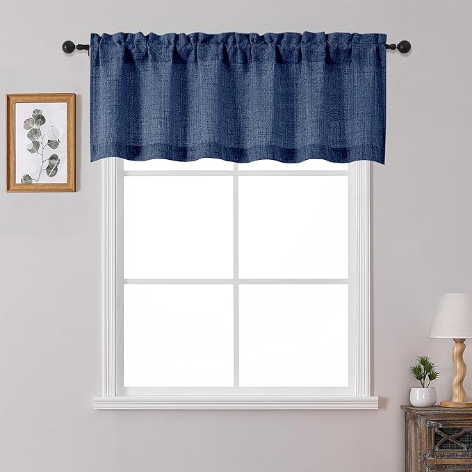 OWENIE Navy Blue Valances for Windows 1 Pcs 20 Inch Length, Light Filtering Textured Short Small Valance Curtains for Bathroom Basement Living Room, Half Window Curtains Over Sink, 60" W by 20" L