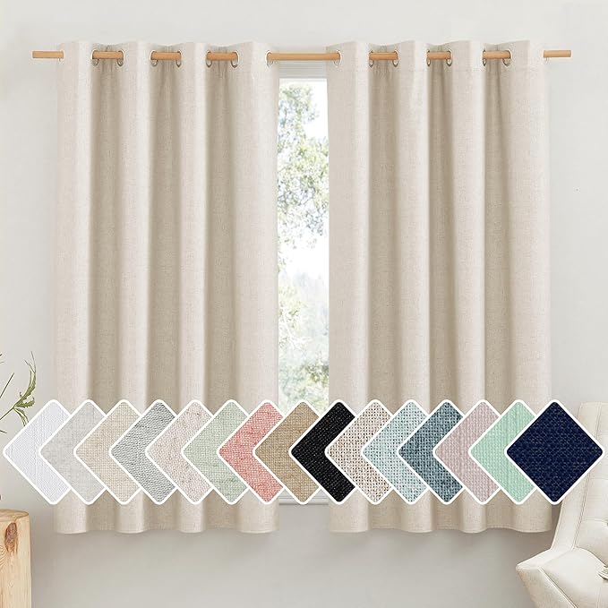 NICETOWN 100% Absolutely Blackout Linen Curtains with Thermal Insulated White Liner, Beige, 52" Wide by 48" Long, 2 Pieces, Anti-Rust Grommet Natural Burlap Fabric Window Drapes for Bedroom/Kids Room
