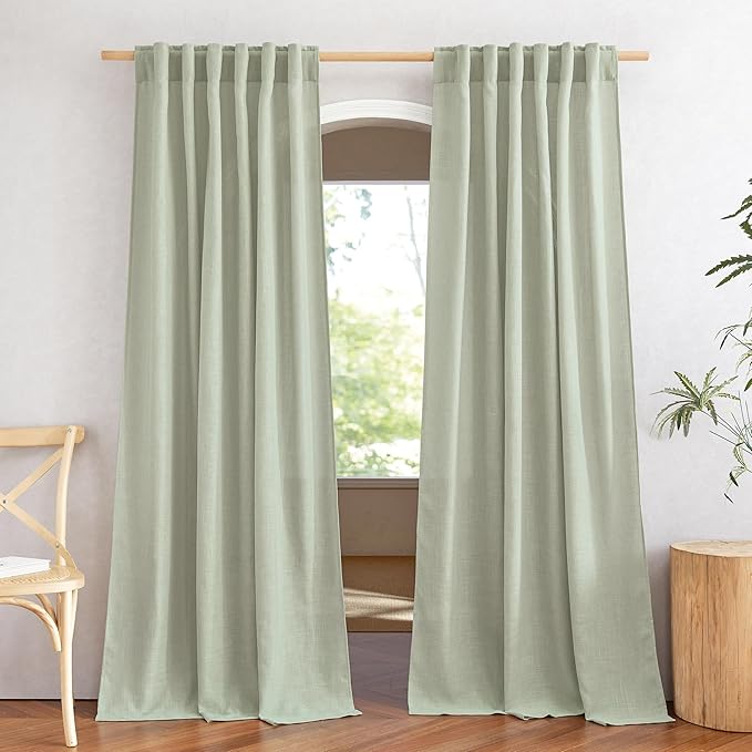 NICETOWN Sage Green Curtains for Living Room, Rod Pocket & Back Tab Natural Linen Blend Semi Sheer Window Treatments Privacy with Light Filtering for Bedroom/Nursery, W52 x L84, 2 Panels