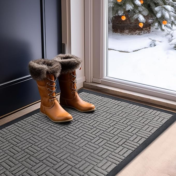 Mibao Front Door Mat, Heavy Duty Durable Welcome Mat for Outdoor Indoor, Dirt Trapper Waterproof Super Absorbent Door Mat for Entryway Outside Patio Porch, 35.5" x 24", Light Grey