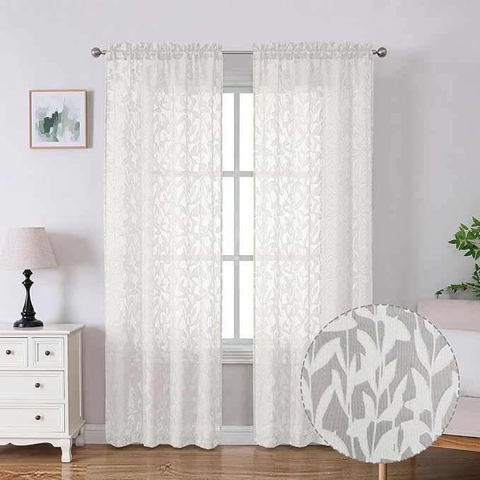 Lecloud Leia Texture Semi Sheer Ivory Curtains 84 Inches Long 2 Panels, Jacquard Clip Double Rod Pockets Kitchen Window Curtain with Leaf, Airy Durable Gauzy Drapes for Bedroom, 40 W x 84 L