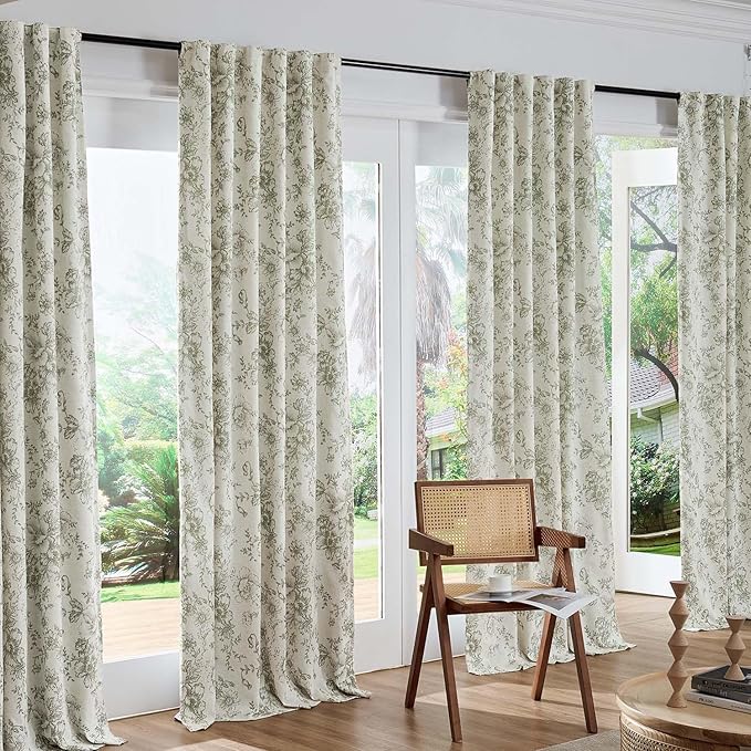 jinchan Blackout Floral Curtains for Living Room Bedroom Linen Blend Curtain Farmhouse Green Printed with Lined Back Tab Rod Pocket Drapes Window Treatments 2 Panels 96 Inch