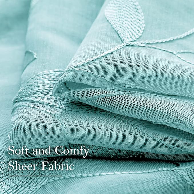 HOMEIDEAS Turquoise Aqua Sheer Curtains 52 X 84 Inches Length 2 Panels Embroidered Leaf Pattern Pocket Faux Linen Floral Teal Voile Window Drapes for Bedroom Living Room