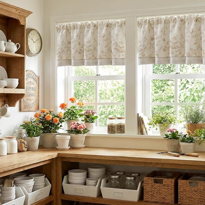 jinchan Amlie Floral Linen Valance Curtain Farmhouse Kitchen Valance for Living Room Laundry Light Filtering Double Layer Cottagecore Window Treatment Rod Pocket 1 Panel 16 Inch Taupe on Linen
