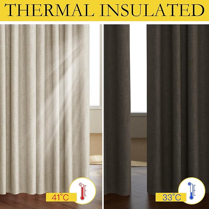 NICETOWN Taupe 100% Blackout Linen Curtains 84 inch Long Burg, Farmhouse Thick Completely Blackout Window Treatment Panels Thermal Insulated Drapes for Living Room (1 Pair, 52" Width Each Panel)