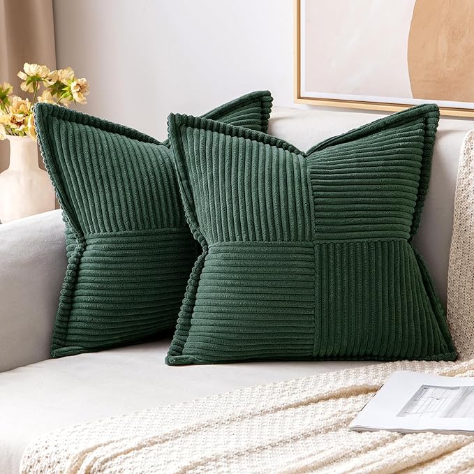 MIULEE Decorative Throw Pillow Covers for Couch Bed Livingroom 12x12 Inch Set of 2 Dark Green Boho Accent Throw Pllows Broadside Striped Patchwork Soft Corduroy Pillowcases