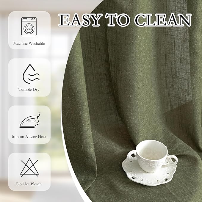 MYSKY HOME Short Semi Sheer Curtains for Bedroom 63 Inches Long Light Filtering Privacy Drapes for Small Window Linen Look Boho Home Decor Curtain for Parties, 50" x 63", Olive Green, 2 Pieces