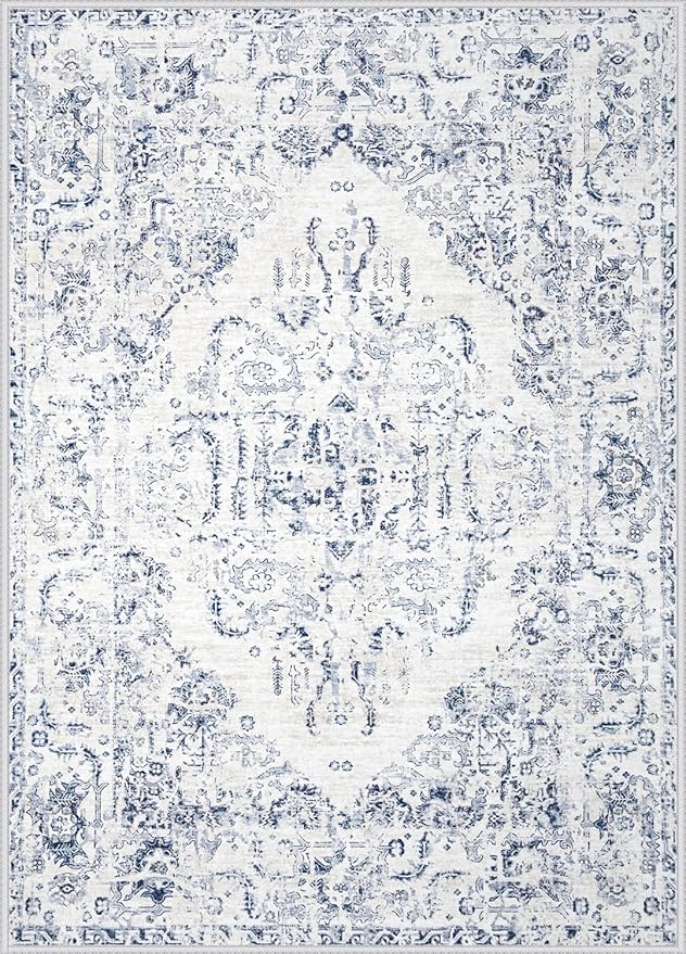 5x7 Area Rugs for Living Room: Washable Rug Vintage Large Rugs Soft Non Slip Low Pile Rug Floral Distressed Floor Carpet for Bedroom Kitchen Nursery Dining Room Home Office (Blue, 5'x7')