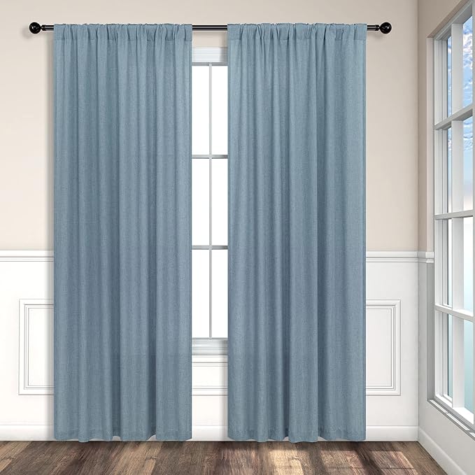 Pitalk Stone Blue Linen Blend Sheer Curtains Back Tab 52 Width by 90 Length Set of 2 Panels Rod Pocket Drapes for Living Room Family Sitting Room Sunroom Cottage Core Decor Blue Curtains for Boys Room