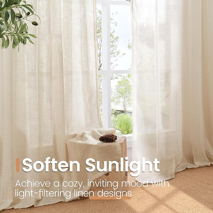 BGment Burlap Linen Curtains 84 Inch Length for Living Room - Tan Light Filtering Semi Sheer Natural Drapes with Rod Pocket Lightweight Window Treatments for Bedroom Farmhouse, 2 Panels, 52 X 84 Inch