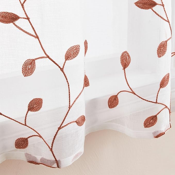 MRTREES Sheer Christmas Curtain Valance, Autumn Leaves Embroidered Valances Curtains Rod Pocket, 54x16 Inches Short Window Treatment for Living Room Kitchen Festival Decor(1 Panel, Terracotta Leaves)