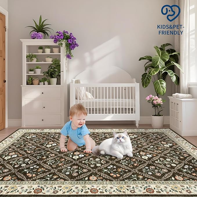 Washable Kitchen Runner 2x6 Non-Slip Floral Carpet Runner for Entryway Indoor Ultra Soft Stain Resistant Long Rugs Farmhouse Floor Mat for Hallways Laundry Bedroom Brown