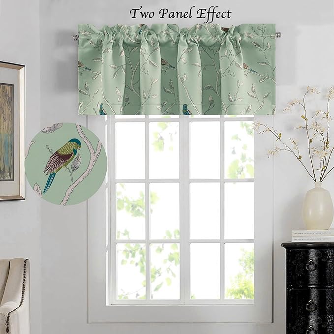 H.VERSAILTEX Blackout Curtain Valances for Kitchen Window/Living Room/Bathroom Privacy Added Rod Pocket Home Decoration Winow Valance, 52" W x 18" L, Birds in Sage (Pack of 4)