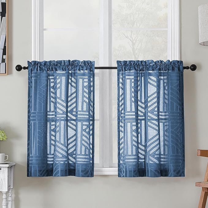 Simplebrand Semi Sheer Dusty Blue Curtains 30 Inch Length 2 Panels, Geometric Jacquard Clip Textured Short Sheer Curtains for Bedroom，Modern Elegant Window Curtains Panels/Drapes/Treatment, 30x30 inch