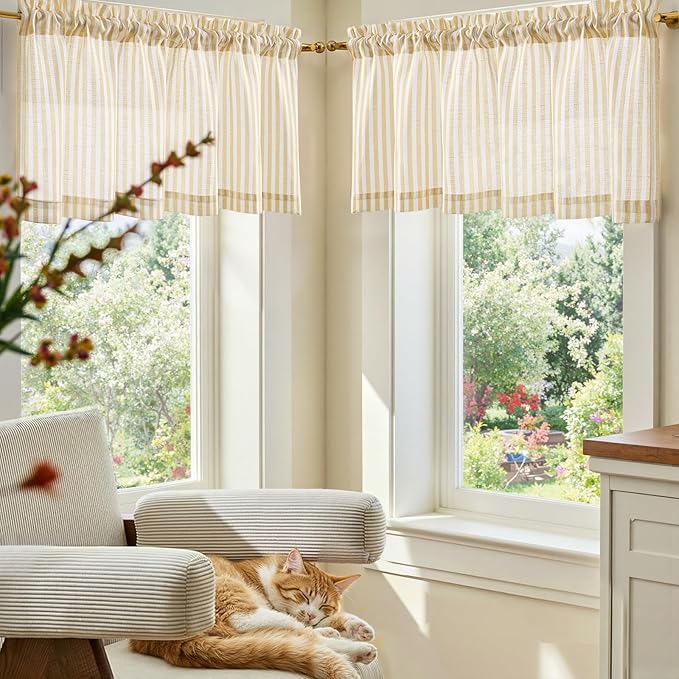 jinchan Linen Stripe Valance for Window 16 Inch Modern Rustic Farmhouse Valance for Kitchen Living Room Bathroom Window Treatment Light Filtering Rod Pocket 1 Panel Mustard Yellow on Linen