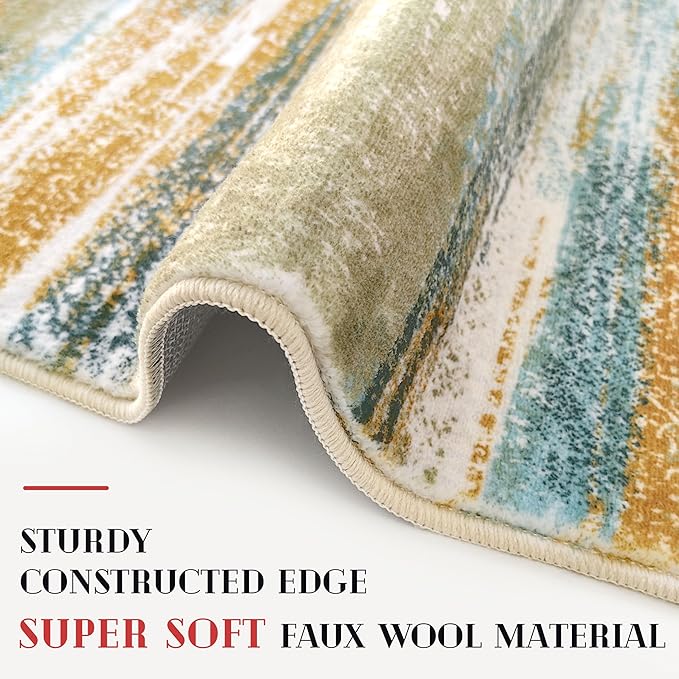 Lansny Modern Abstract 4x6 Living Room Washable Rug Non-Slip Soft Bedroom Area Rug Green Mustard Multi Thin Print Faux Wool Floor Carpet Throw Rugs for Nursery Playroom Dining Room Indoor Office
