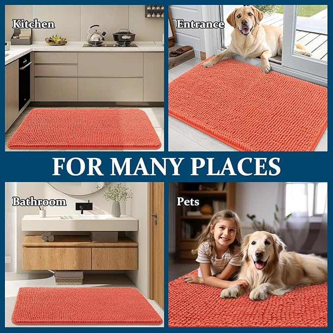 OLANLY Dog Door Mat for Muddy Paws 47x24, Absorbs Moisture and Dirt, Absorbent Non-Slip Washable Doormat, Quick Dry Chenille Mud Mat for Dogs, Entry Indoor Entryway Carpet for Inside Floor, Coral