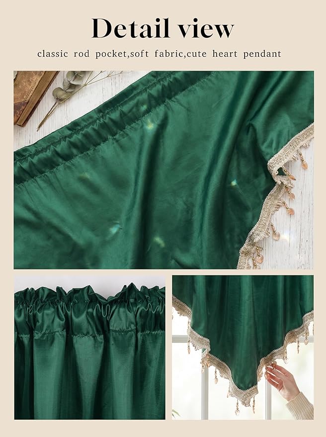 Molaxhome Swag Curtain 51 inch Length Rod Pocket Scalloped Curtain Valance Sheer Lace Panels with Hanging Crystal Beads for Kitchen Bedroom Window Treatments Drape Decor 1pc (Cloth Green, 51Wx23L)